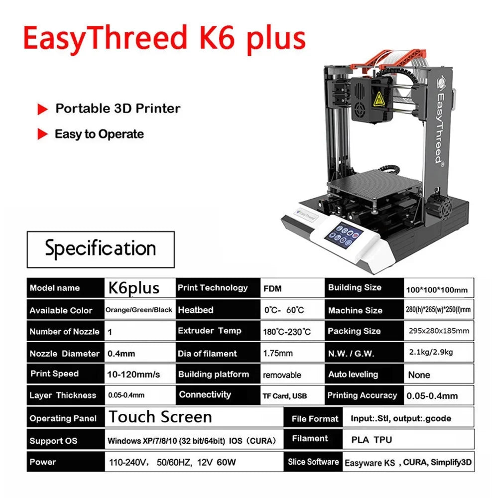 HUIOP EasyThreed printer,Print 3D-Printer Comes K6 TF 3D Size Printer Removable Printer 100x100x100mm/4x4x4inches Hine 3D Hine MIZUH 3D Kids Printer Plus Plus ICHU Printers