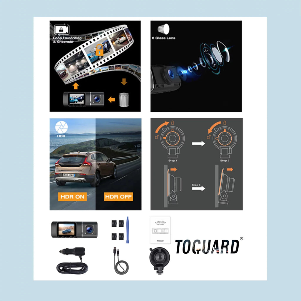 Display Night ,Parking ,IR Camera Dash Loop Inch G-Sensor, Recording, 1080P HDR 1.5 FHD LCD TOGUARD Camera Mode, Vision Cam Car Car