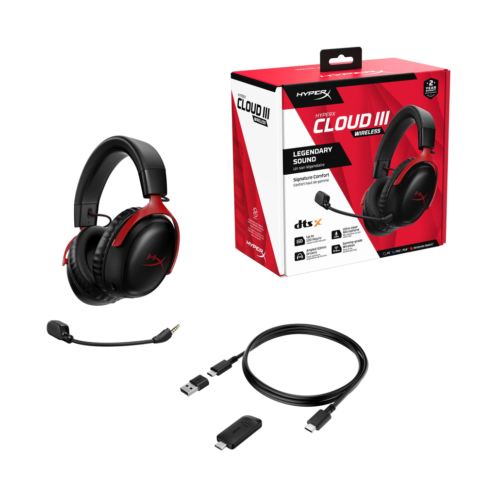 ¨C microphone HyperX 120-hour PS4, up headset Cloud Wireless 10mm to PS5, foam, Black/Red Gaming angled III 53mm Durable Battery, Frame, for Wireless, PC, 2.4GHz Memory ¨C drivers,