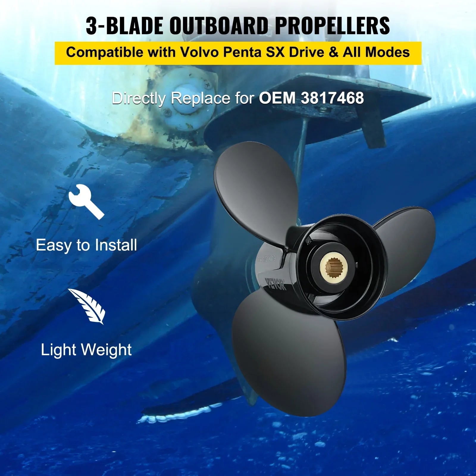 x SX Propeller, 3817468, Right-handed Replace OEM Boat Sterndrives 14.5" 3-Blade Teeth Compatible Outboard with for Penta Spline Propeller, Outboard Engine, 19 & Aluminium?Propeller VEVOR Volvo 19"