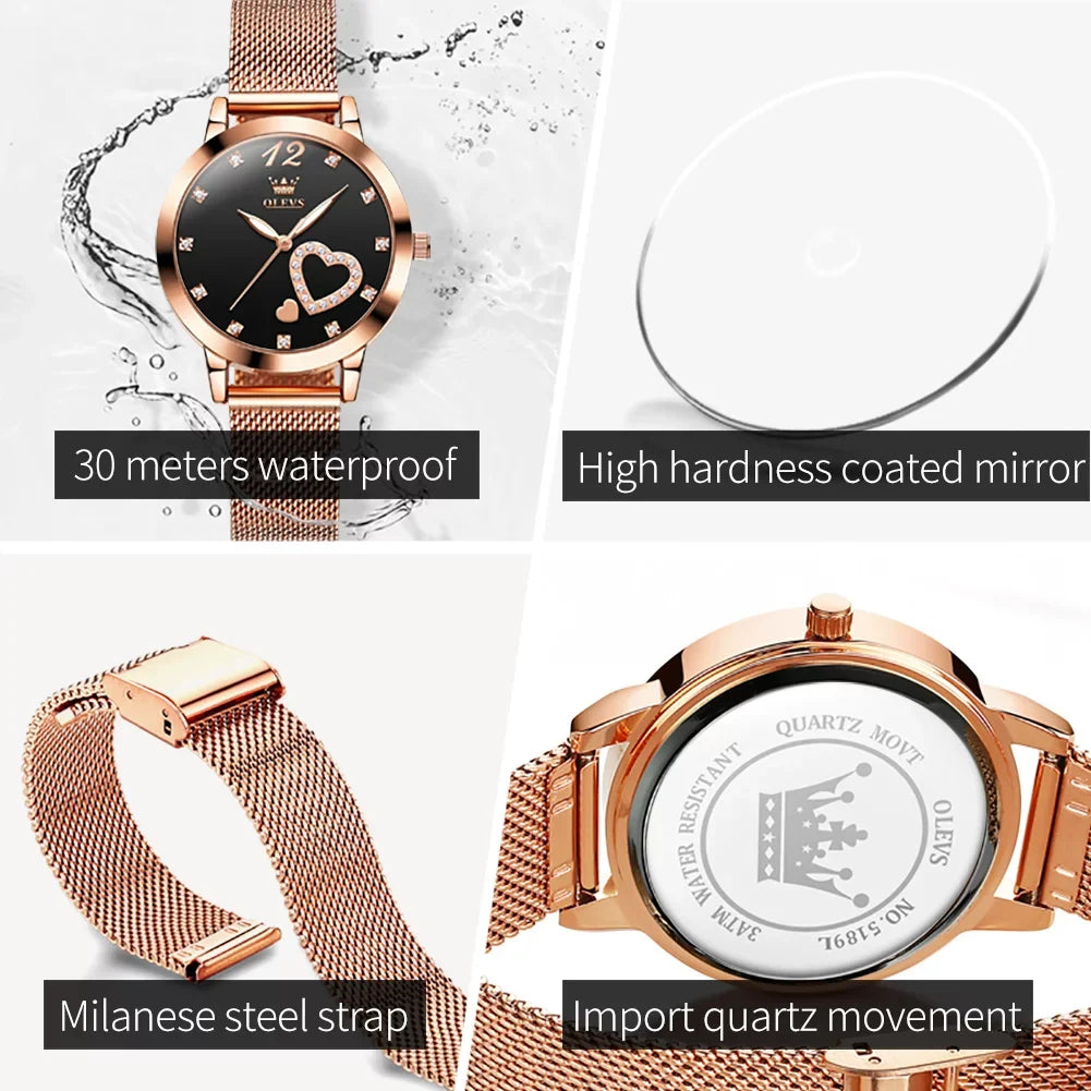 Hearts Watch, Dress Gold Rose Fashion Diamond Wristwatch, Big Elegant Mesh Strap Gifts Watches, Women Waterproof Quartz Face Female Ladies Women's for Luminous Olevs Japanese