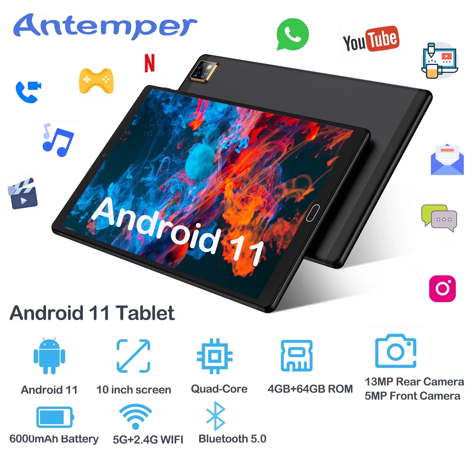 Tablet Expand, 11 Certified,Black 128GB 5G/2.4G Wi-Fi, with RAM Tablets Android ROM HD Keyboard, inch PC 4GB Tablet IPS 6000mAh 64GB Display, Case,Mouse,GMS 10 with