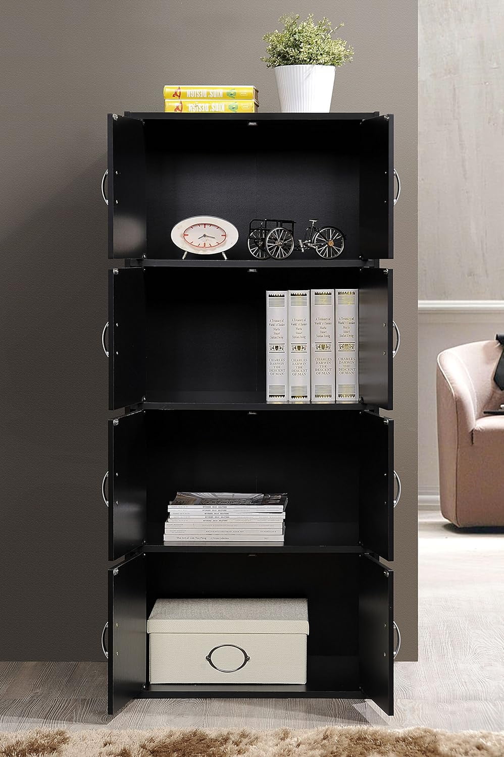 Installation Heavy 8 Wooden Shelf Bookcase HID44 Multipurpose Black Floor Storage Cabinet Door with Duty 4 Hardware, Modern Mount
