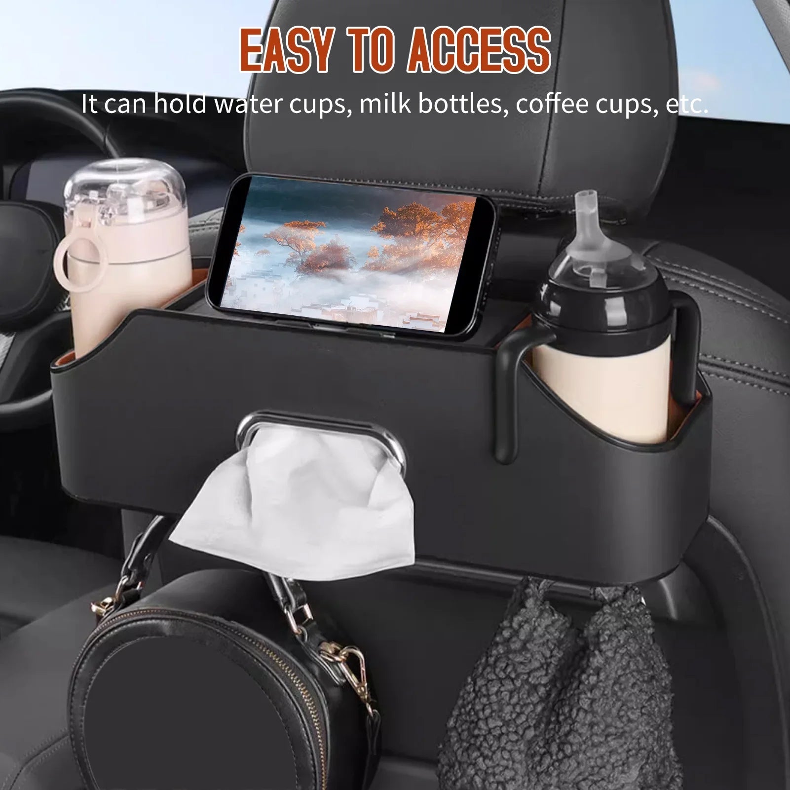 Box Phone Car to Organizer Multifunctional Books Snacks Box, Storage with Backseat Cup Holder, Organize Headrest Toys Hook, Bottles Organizer, Backseat Headrest Car Holder, Phones Tissue