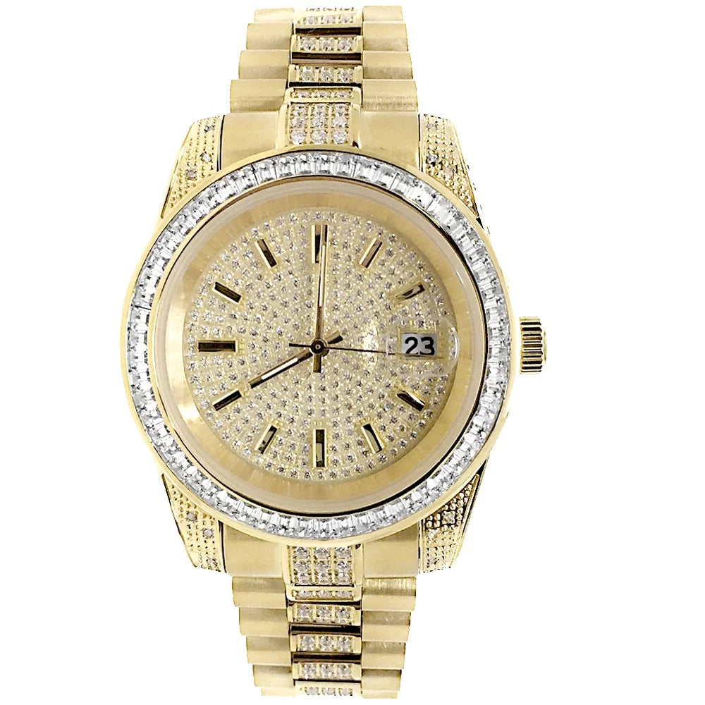 Stainless Presidential Tarnish 41MM Finish Watch Free New Diamond Simulated Yellow Unisex Gold Steel 18k