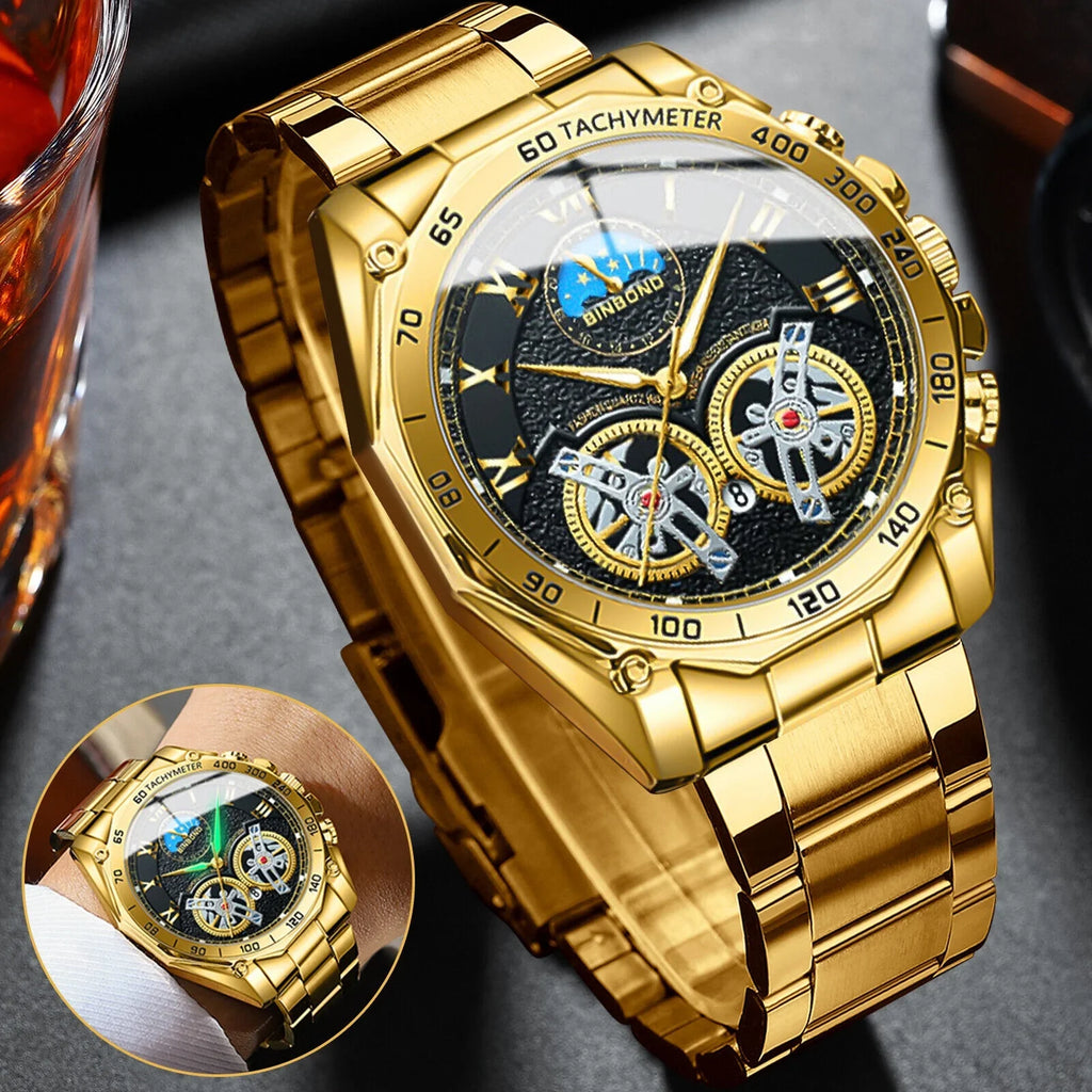 Quartz Gold Business Luxury Men's Analog Steel Watch Stainless Gift Waterproof