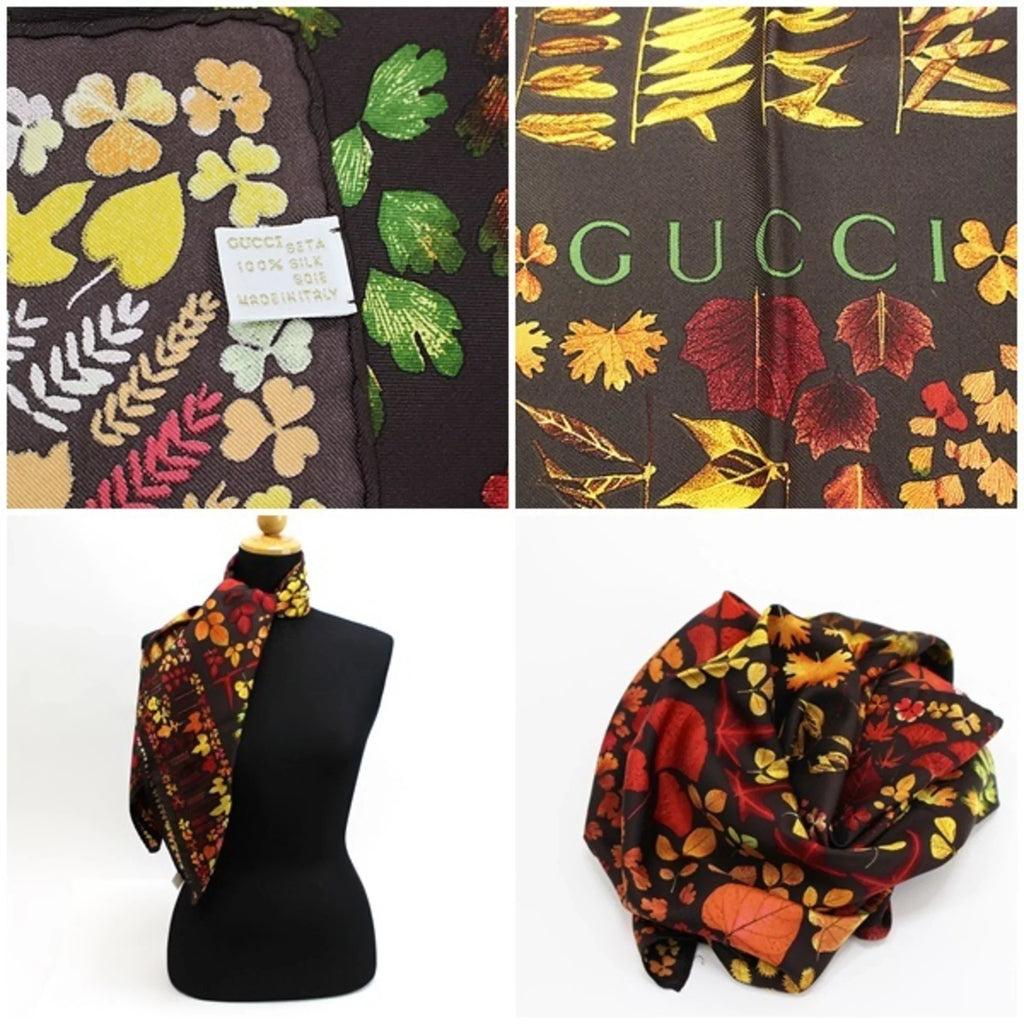 (Good) GUCCI Pattern Muffler Leaf Pre-Owned Ladies Stole Scarf | Autumn Silk Gucci Brown