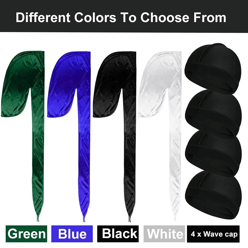 Silk Perfect Pcs Men Waves 4 Durag for ASKNOTO Headwraps Pcs with Silky 360 4 and Long Cap Tail Wave