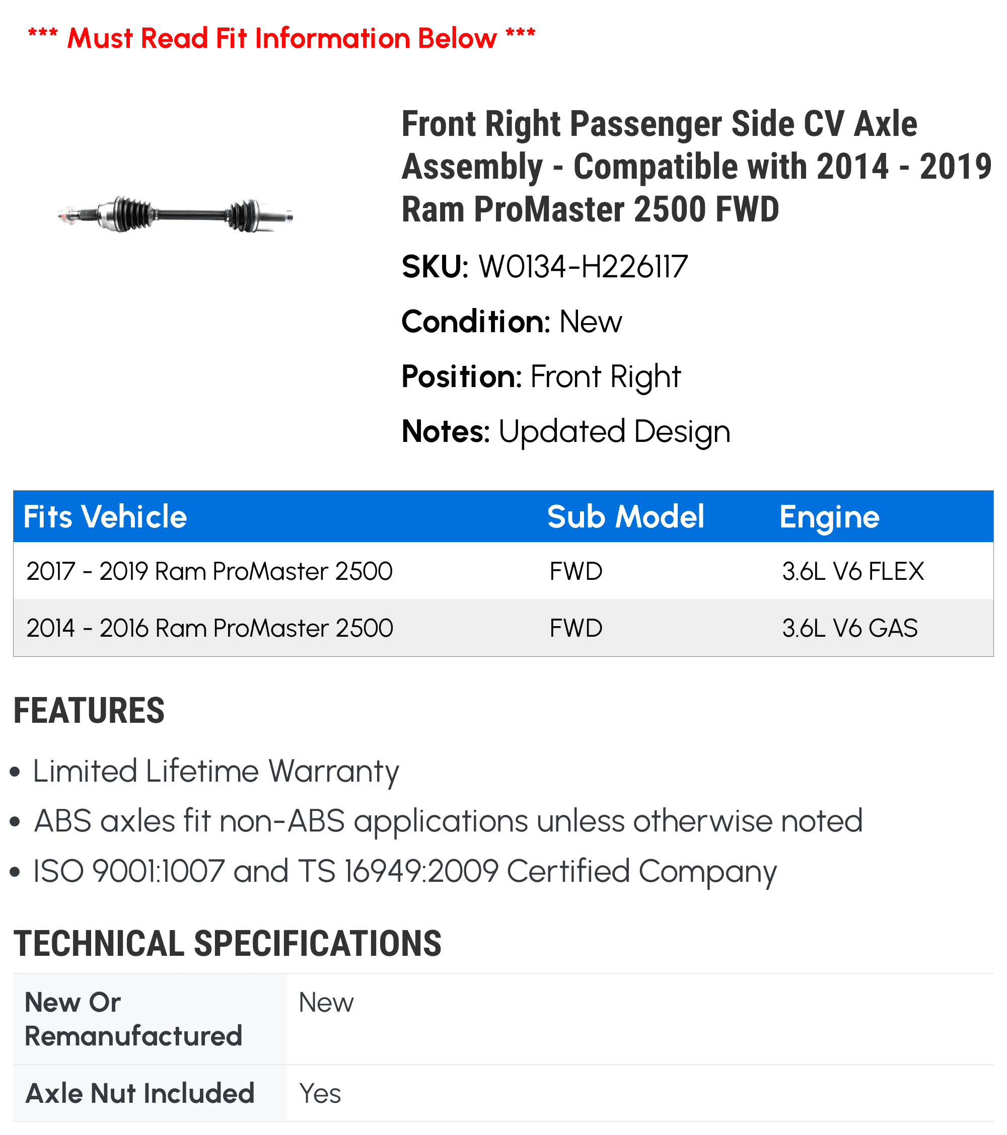 '- 2015 Ram with ProMaster Front 2016 2017 - CV Axle Passenger FWD 2020 2014 2021 Side Right Assembly 2018 2500 Compatible 2019