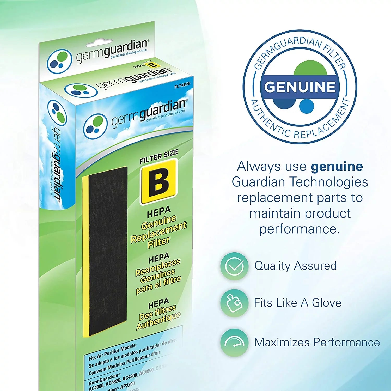 AC4825, Filter Air Purifier AC4900CA, CDAP4500BCA, and AC4825DLX, Replacement HEPA GENUINE CDAP4500WCA Guardian B for More, Germ AC4850PT, AC4300BPTCA, 1-Pack FLT4825 GermGuardian