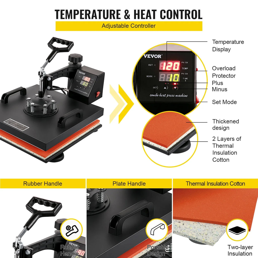 1 Press Dual Transfer Digital Heat Rotation Away 360 Machine Degree VEVOR LED Sublimation Multifunctional Combo Swing 8 15"x15" Display Heat Machine in
