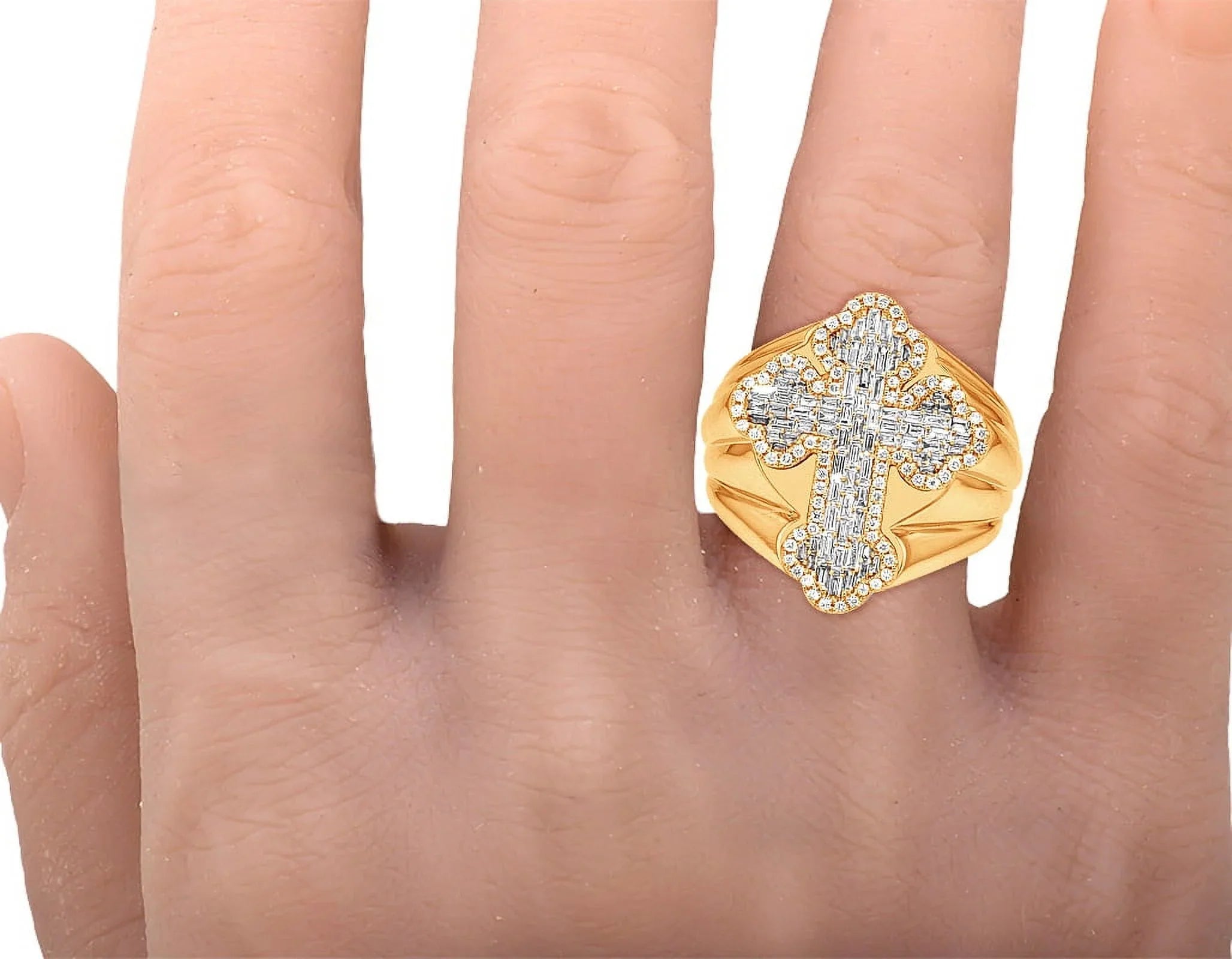 Pinky S10 Gold Ring 1.05 Diamond Baguette Cross 25MM CT