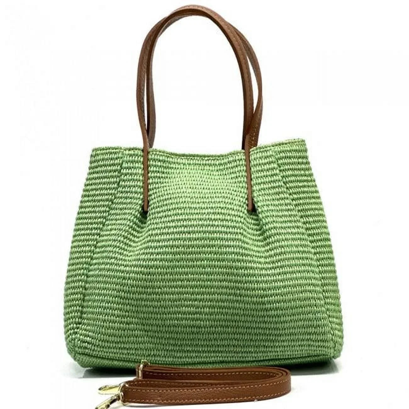 Made & of Handle Double , Medium Green Artisan - Italian Irina Raffia Light Leather Handbag