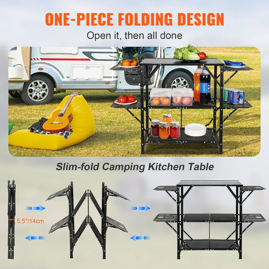 Kitchen Station 2 Tables Table Folding Camping Cook SKYSHALO Portable 5 & Shelves