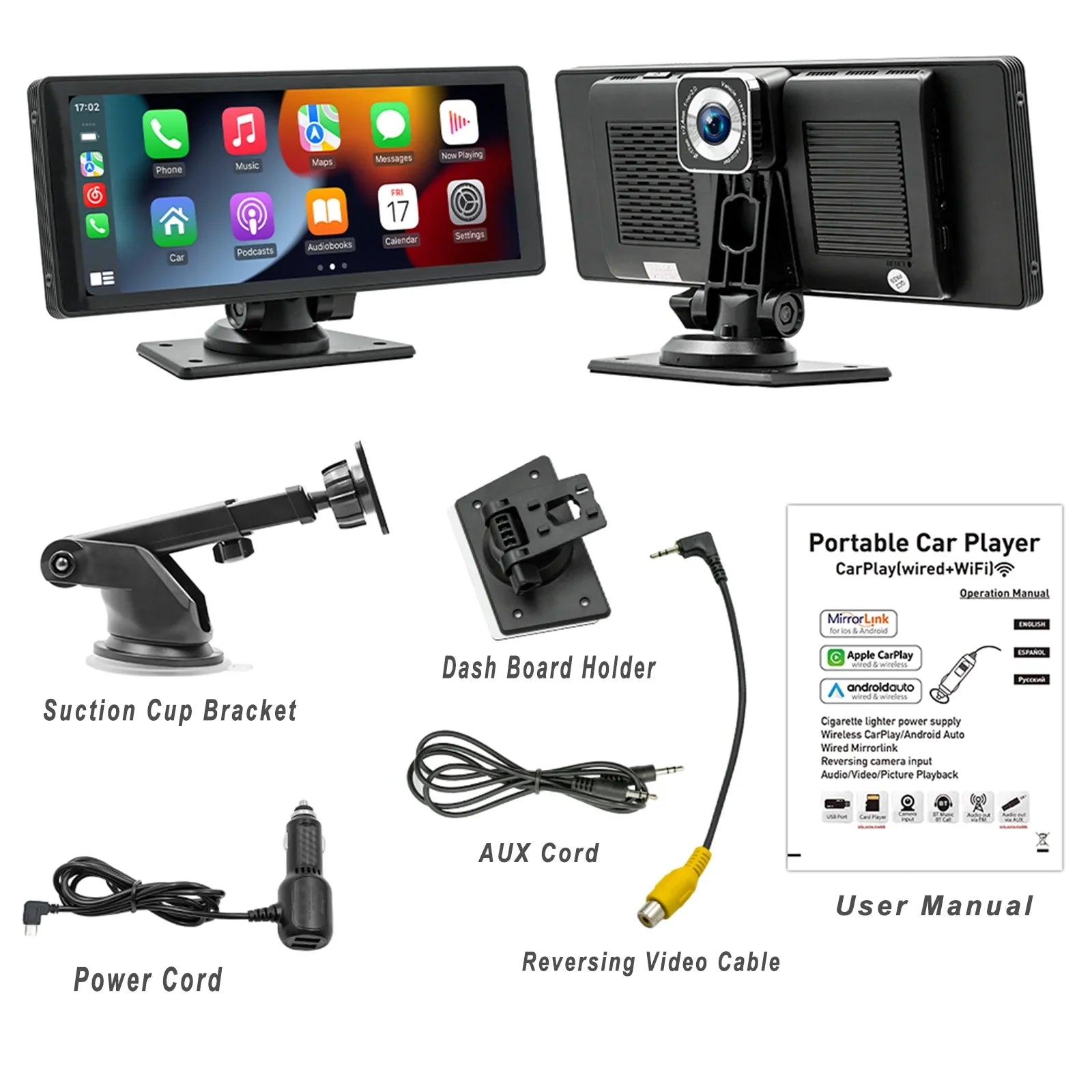 Carplay Auto Car Wireless Touchscreen, Portable IPS Dash Camera, Cam Backup Adjustable & 2.5K & Android Radio Bluetooth, Navigation, 1080P Mount, CAIHONG with GPS Stereo, Screen Detachable & HD 10.26"