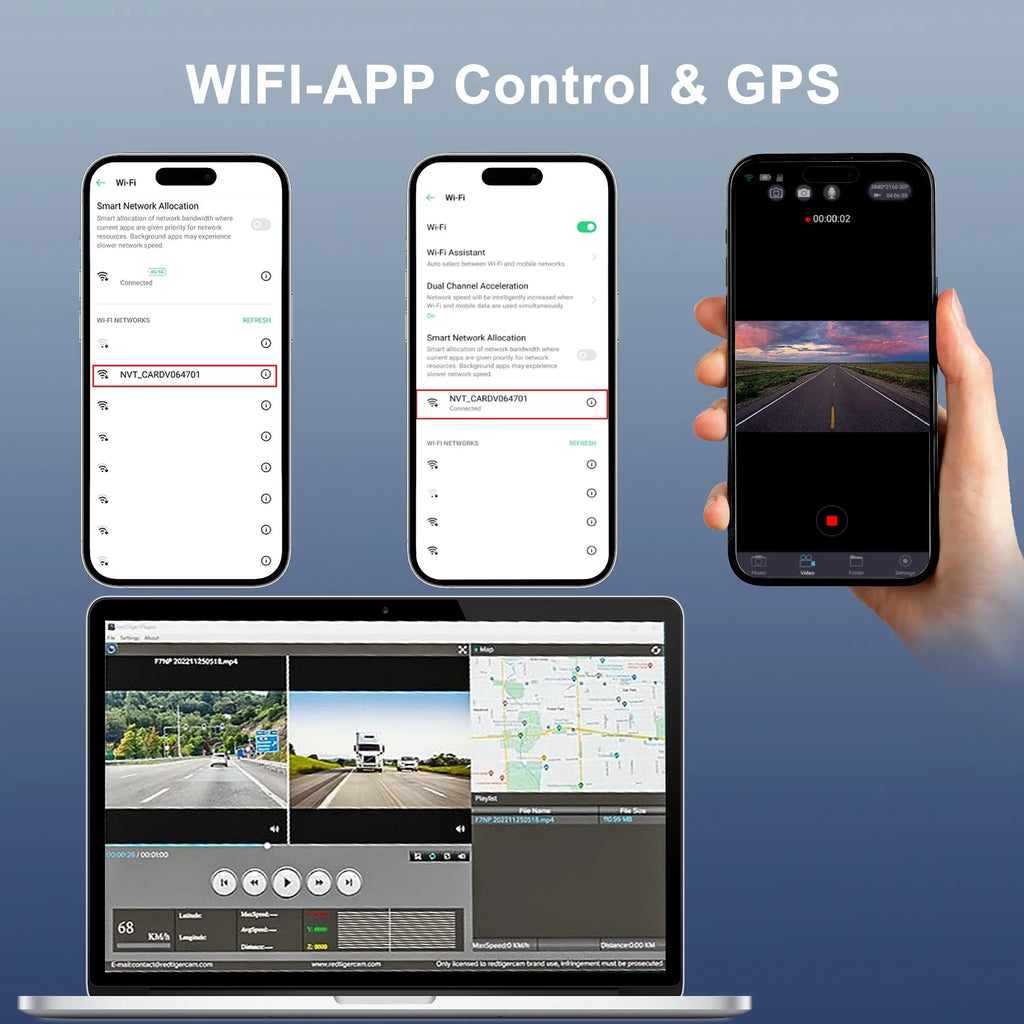 3'' Mode Vision, HD and IPS with Cam Loop Front Touchscreen GPS, 24H Car Dash Recording and 4K and Night For G-Sensor, Full with WiFi Rear GCZ Parking Dashcam and