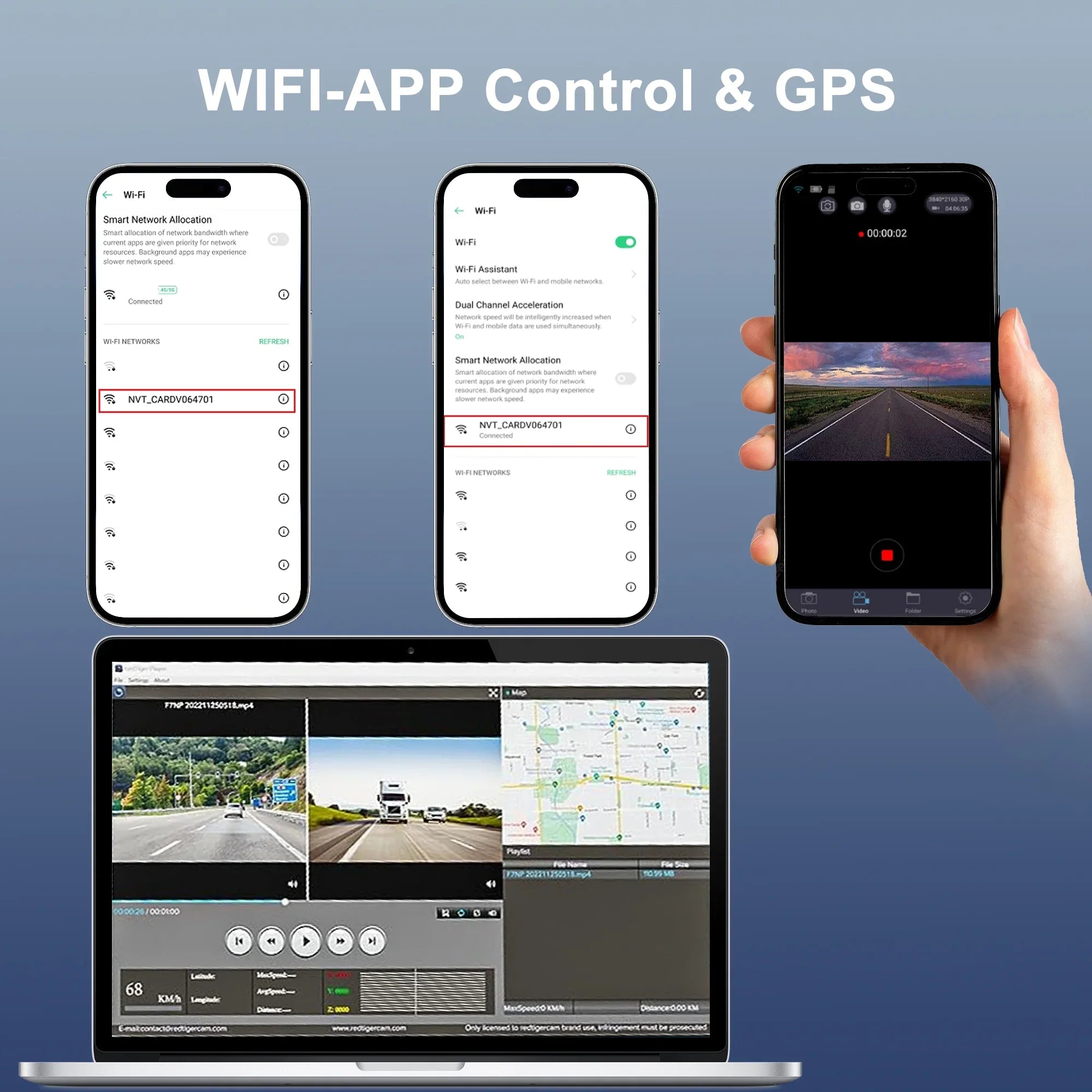 3'' Mode Vision, HD and IPS with Cam Loop Front Touchscreen GPS, 24H Car Dash Recording and 4K and Night For G-Sensor, Full with WiFi Rear GCZ Parking Dashcam and