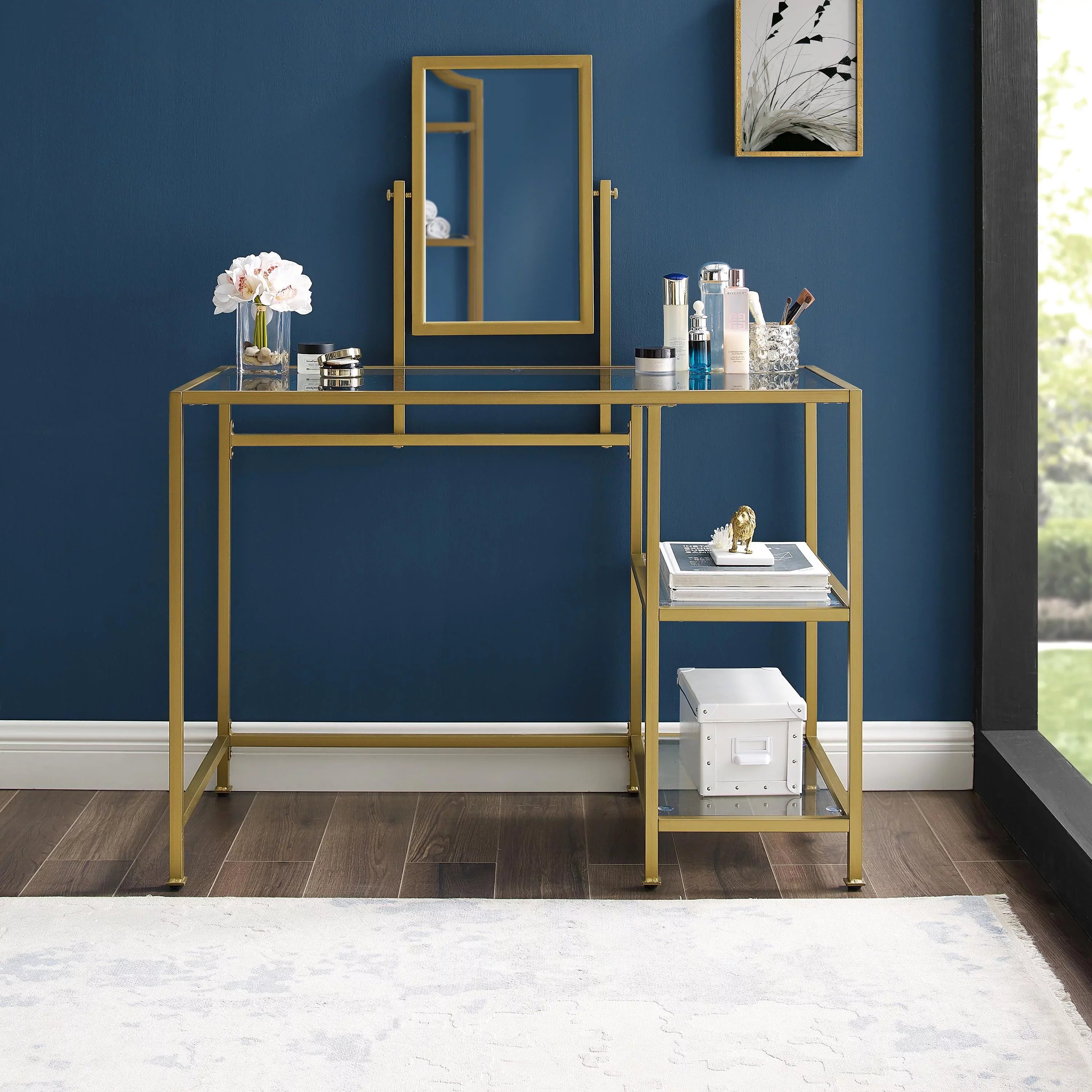 Desk/Mirror Aimee Crosley Soft Vanity Tempered 2-Piece Gold Furniture in Glass