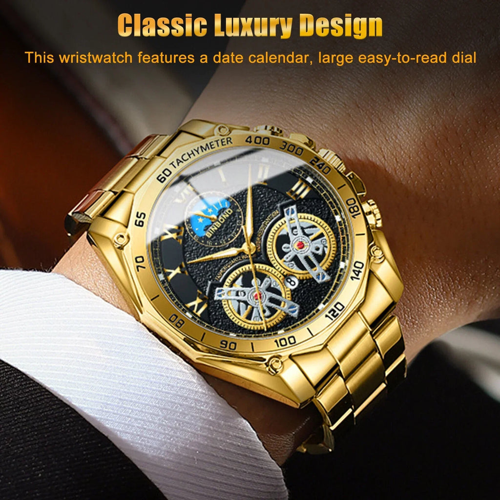Quartz Gold Business Luxury Men's Analog Steel Watch Stainless Gift Waterproof