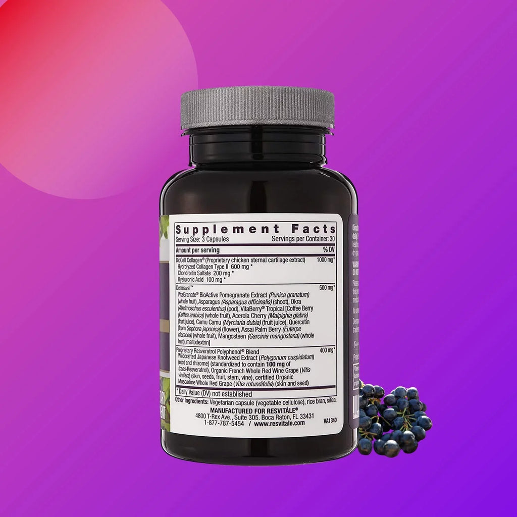 Skin ResVitale and with Joint Caps 90 Hydrolyzed Aging Care Collagen Bioactive Grape Enhance Supplement Resveratrol, Peptides, Anti Ultra - Extract Dermaval Hyaluronic and Seed Blend, Collagen Acid,