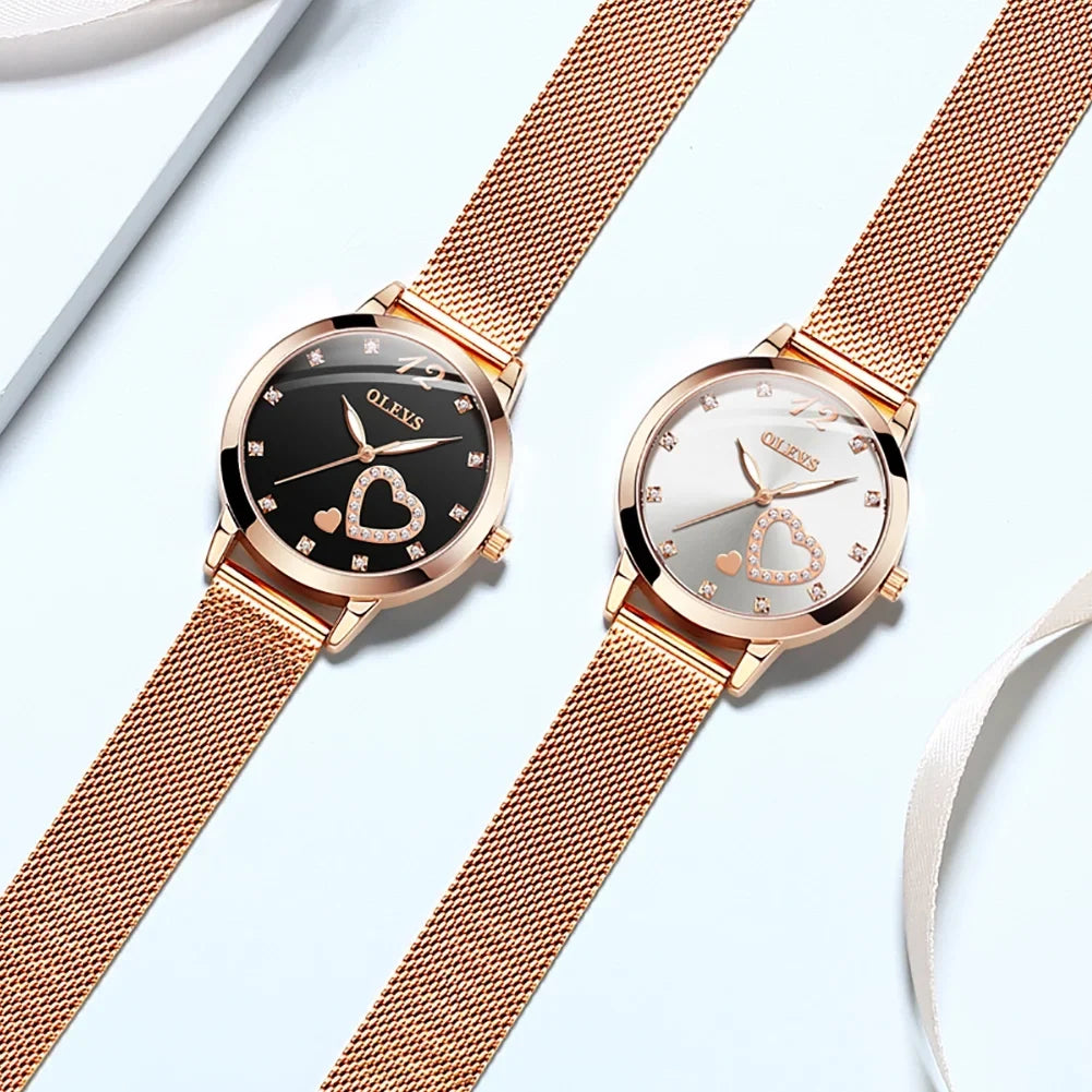 Hearts Watch, Dress Gold Rose Fashion Diamond Wristwatch, Big Elegant Mesh Strap Gifts Watches, Women Waterproof Quartz Face Female Ladies Women's for Luminous Olevs Japanese
