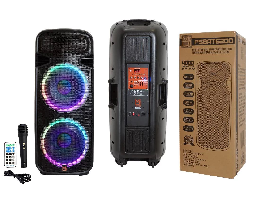 15-Inch Speaker Battery Rechargeable Way Mr Watt Dual 4000 Max Built-In Bluetooth 3 Dj Party with Power & PSBAT6200