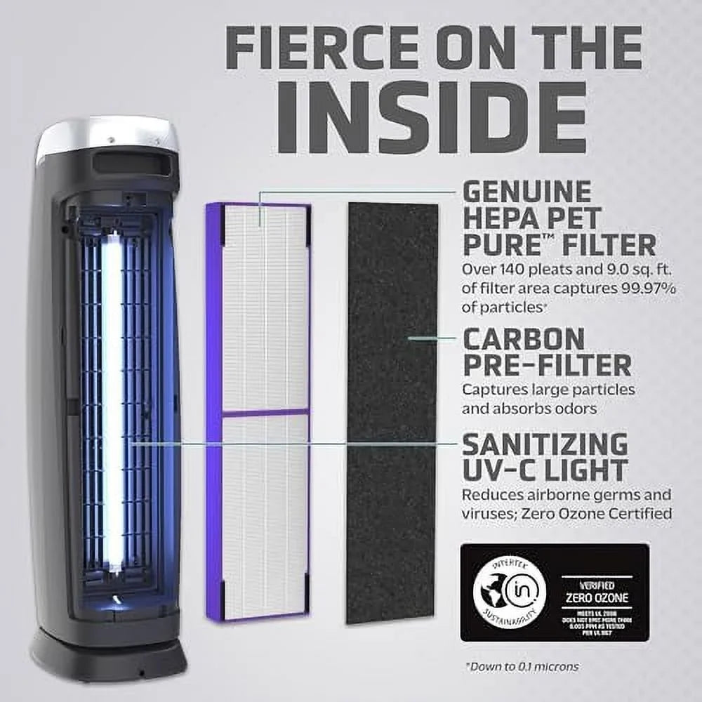 Removes HEPA Germs, 99.97% ft. Large Genuine with Air Filter, Reduce Helps Purifier Pure Hour, to Pet Sq. Pollutants, of Light 915 UV-C 1 13 AC5250PT in Rooms 28", Black, GermGuardian up Covers