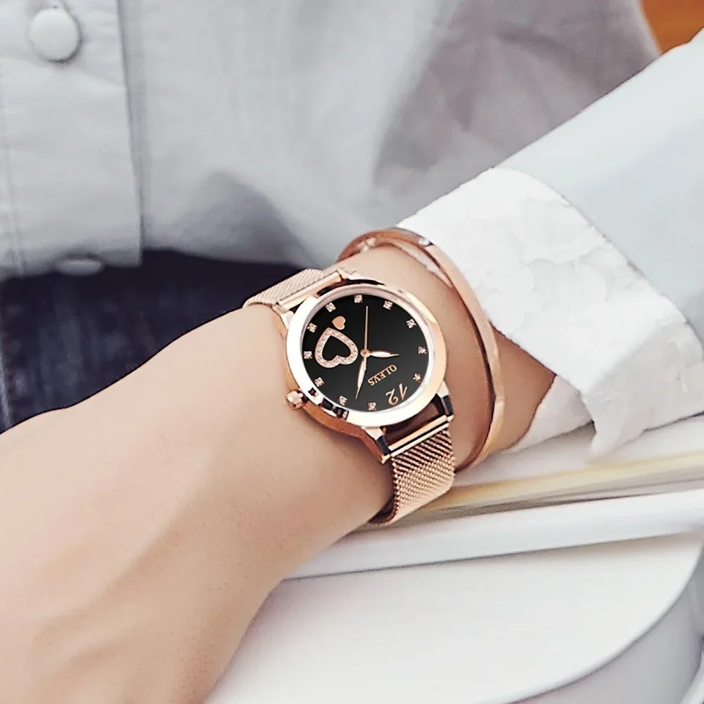 Hearts Watch, Dress Gold Rose Fashion Diamond Wristwatch, Big Elegant Mesh Strap Gifts Watches, Women Waterproof Quartz Face Female Ladies Women's for Luminous Olevs Japanese
