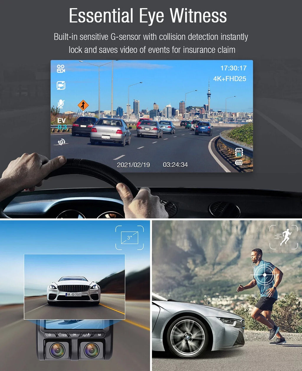 TOGUARD Camera Front Cam Parking LCD Car Inside Dual Loop and Dash 1080P G-Sensor, Vision 3" Screen Recording with Camera Monitor, Night IR Dash