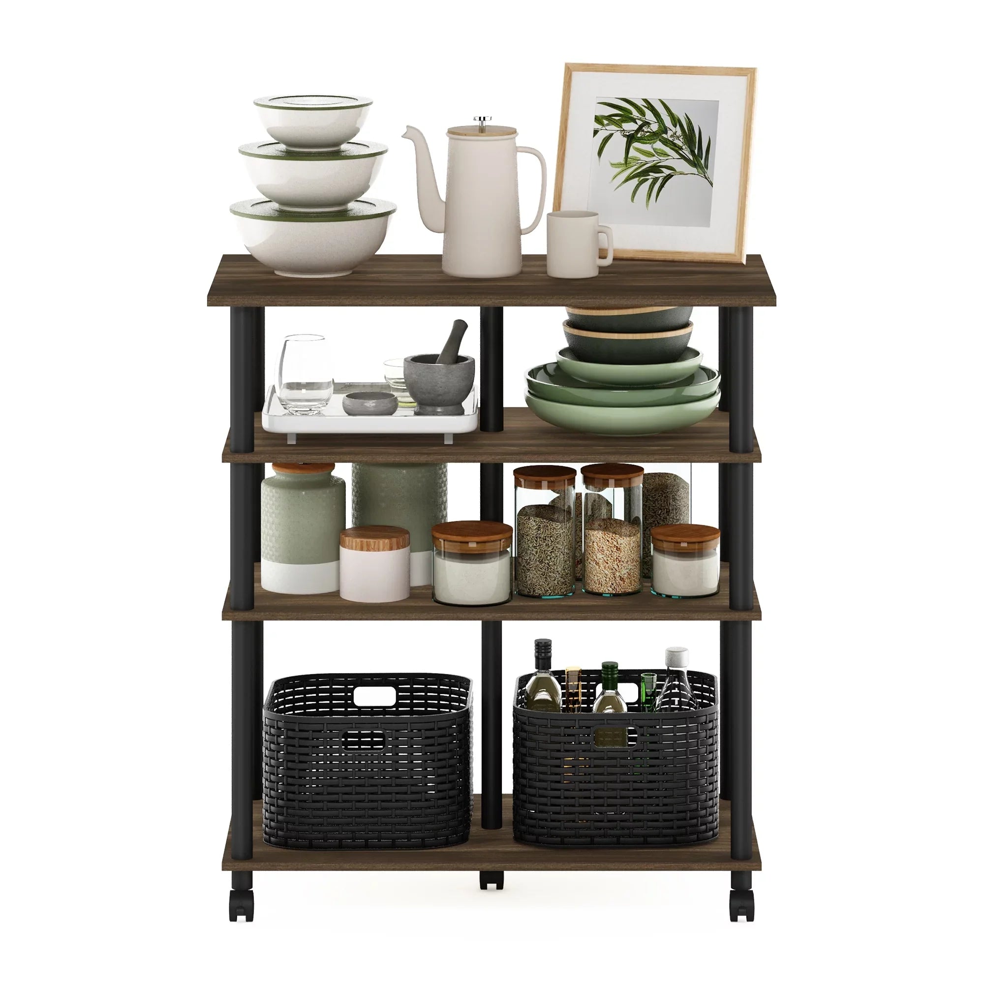 Helena Walnut/Black Furinno wheels, 4-Tier Rolling Columbia Kitchen Island on