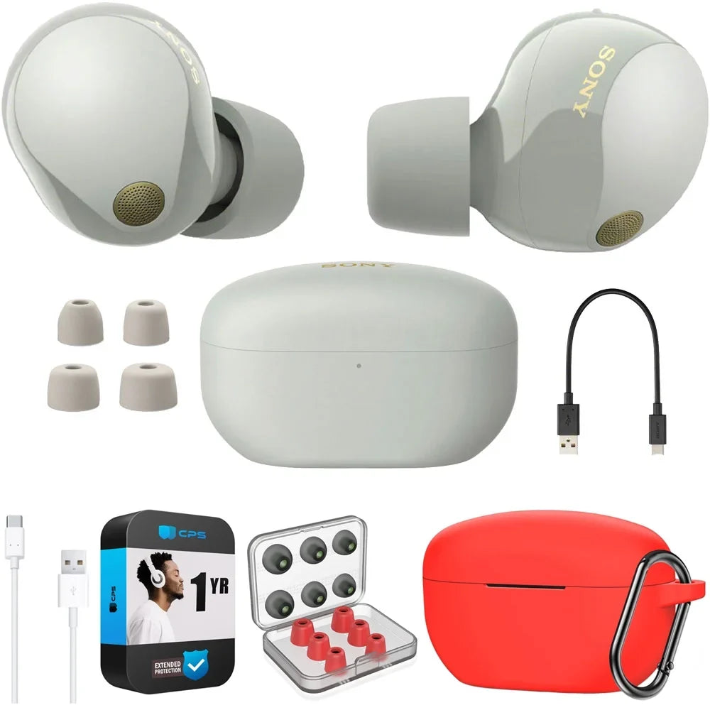 Wireless Silicone USB-A YR WF-1000XM5 (Silver) Ear Truly Case Enhanced Pack Industry Bundle CPS Leading Noise Protection to with Earbuds Cable & USB-C Canceling Memory Foam Sony Tips, 1 (Red),