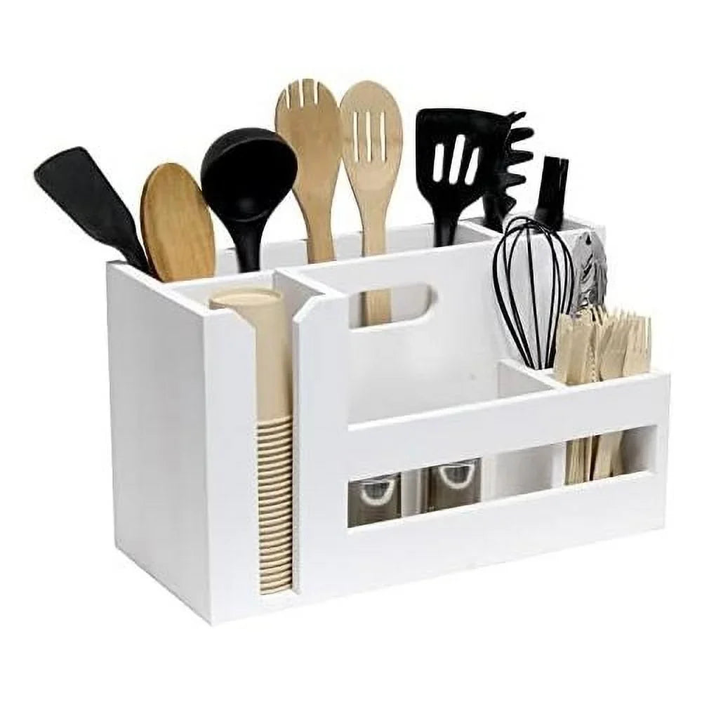 Pantry Events Picnic, Breakfast & BBQ Condiment Handle W Cutout Compartments Kitchen For Picks Flatware Wooden Utensils & Farmhouse Caddy Wash Organizer D¨¦cor Countertop Wht