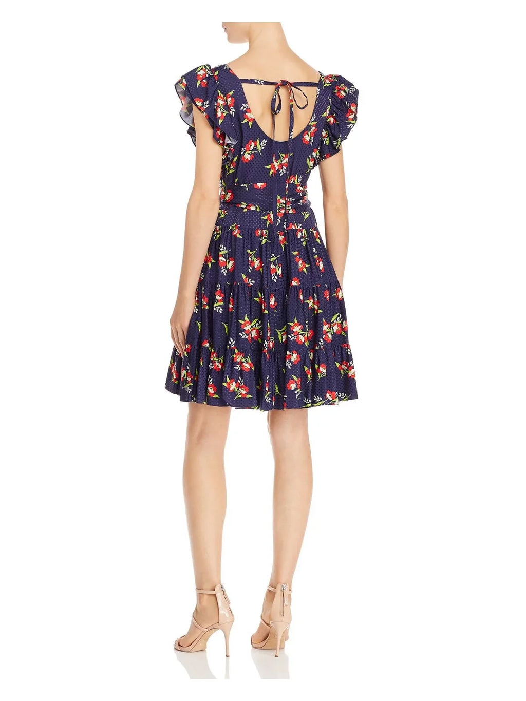 Cut Navy Scoop Out Sleeve Dress Floral L Flare Cap Short STUART JILL Back + Neck Womens Fit