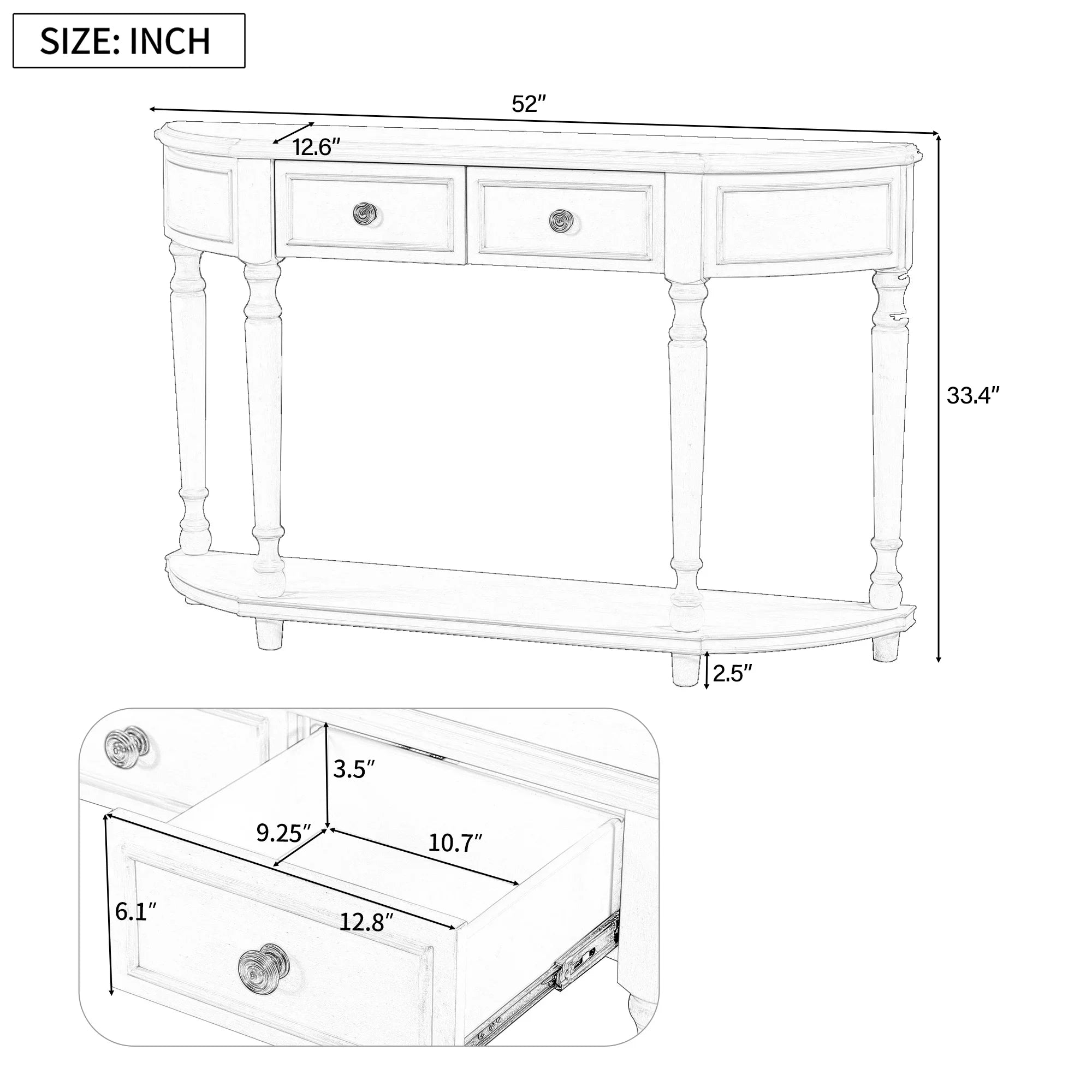 Two OLD Style with Table Legs Retro Solid (White, Frame and SKU: Drawers Console Curved Shelf Design Circular Wooden Top WF298768AAK) Open