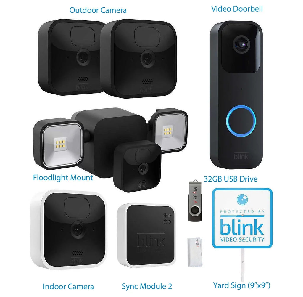 '+ Drive USB & VIECAM 3 Floodlight Cleaning Outdoor Cameras, Doorbell Mount, Blink_Outdoor Home Bundle, 1 1 Video Whole & 32GB Indoor Cloth
