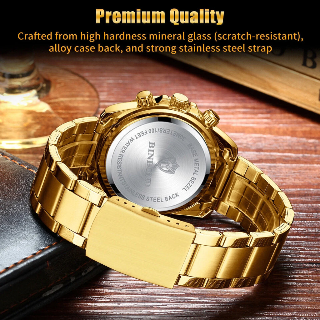 Quartz Gold Business Luxury Men's Analog Steel Watch Stainless Gift Waterproof
