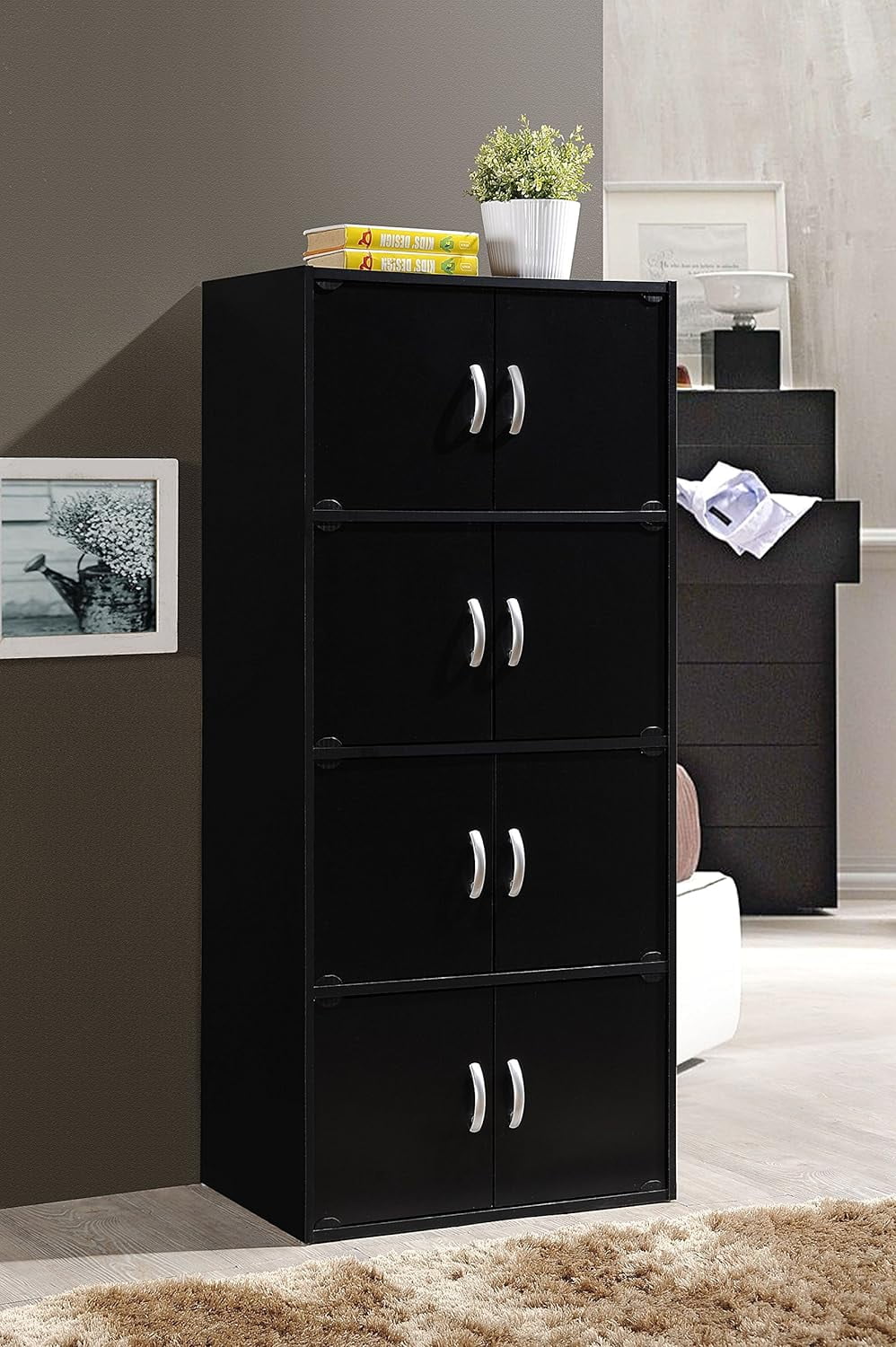 Installation Heavy 8 Wooden Shelf Bookcase HID44 Multipurpose Black Floor Storage Cabinet Door with Duty 4 Hardware, Modern Mount