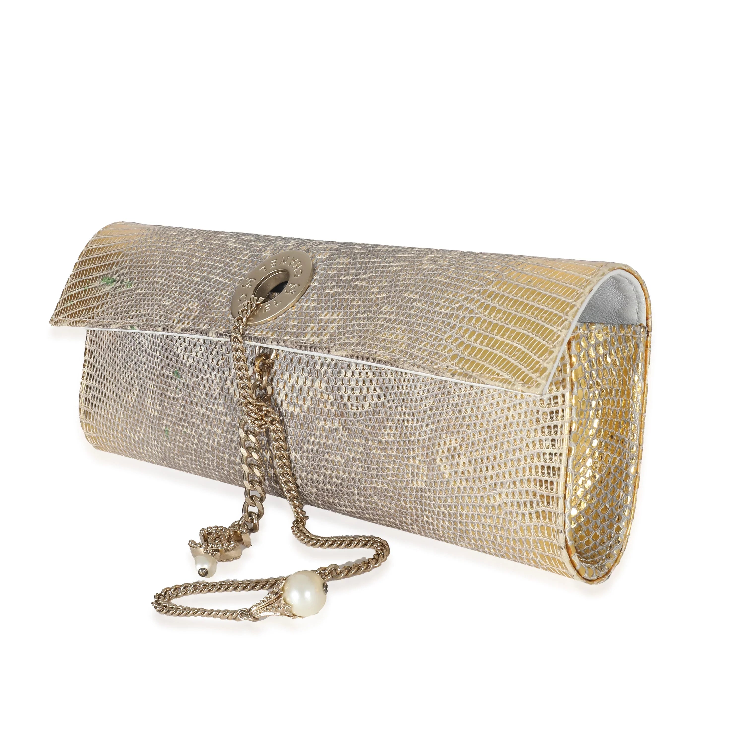 Chanel Tube Flap Pre-Owned Gold Lizard Clutch Vintage