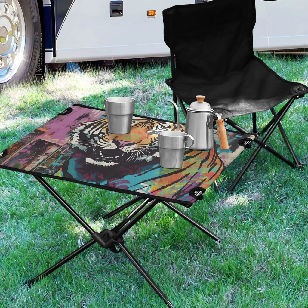Compact Table Camping Hiking Portable Outdoor Beach Foldable Picnic Fishing Bag Tiger BBQ Table with Table for Storage Abstract