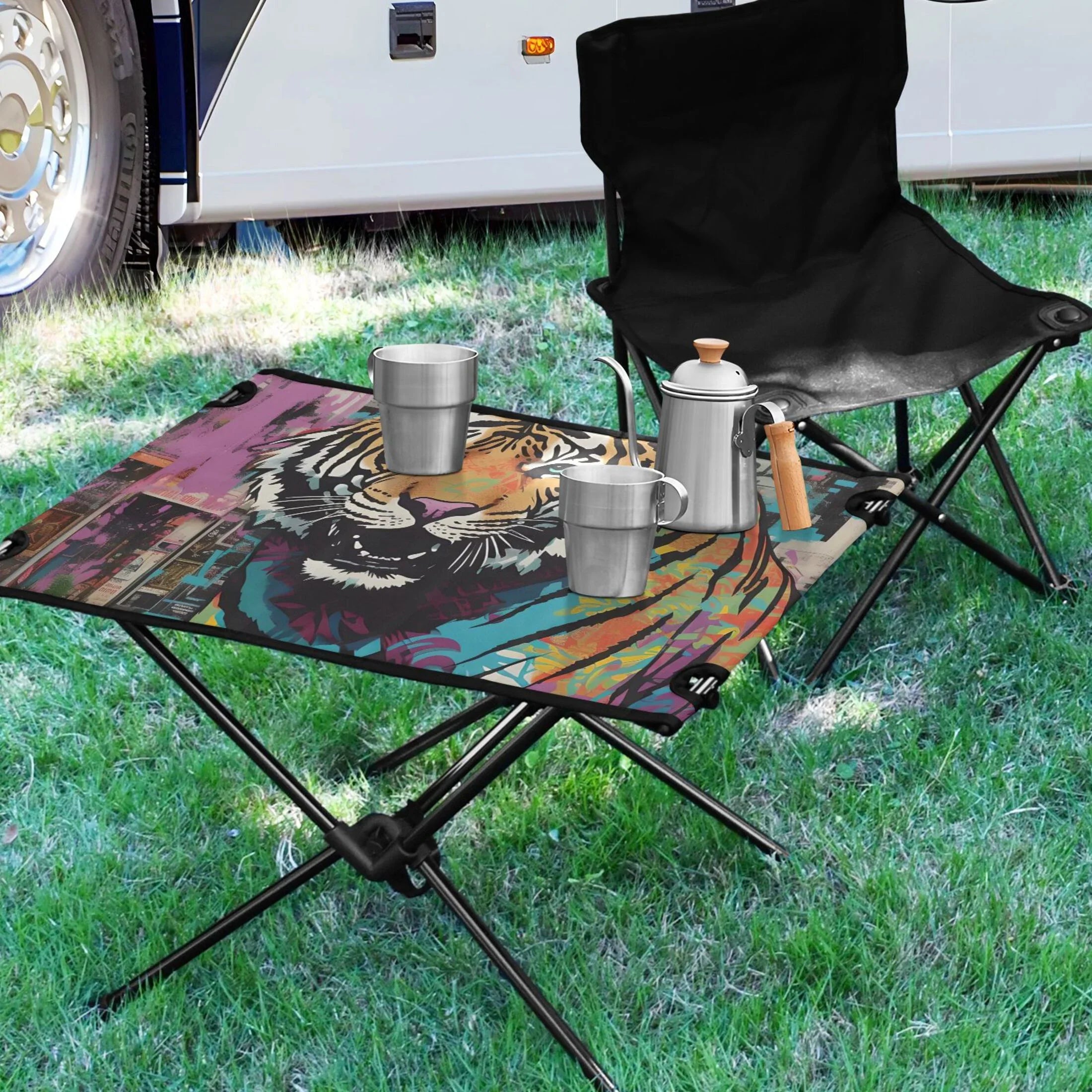Compact Table Camping Hiking Portable Outdoor Beach Foldable Picnic Fishing Bag Tiger BBQ Table with Table for Storage Abstract