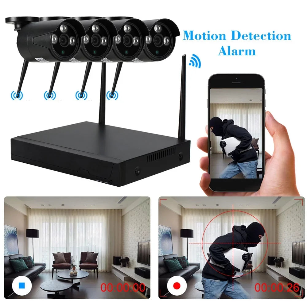 P2P Outdoor Wireless Phone Vision Control Camera Waterproof WiFi 1.0MP NVR Night with Support for 4CH 4pcs IR-CUT Kit System CCTV Motion HD Detection IP WiFi 1080P