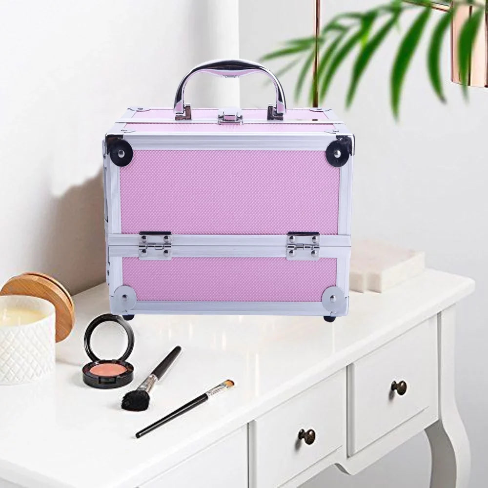 Silver Train Pink Portable Case with Bag Aluminum Mirror Makeup Case Storage Box Zimtown Lock Jewelry