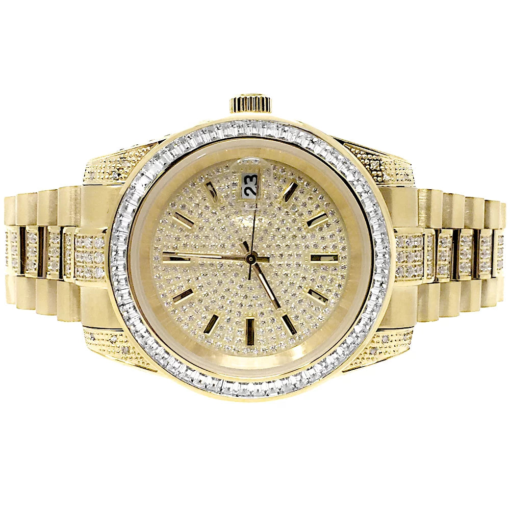 Stainless Presidential Tarnish 41MM Finish Watch Free New Diamond Simulated Yellow Unisex Gold Steel 18k