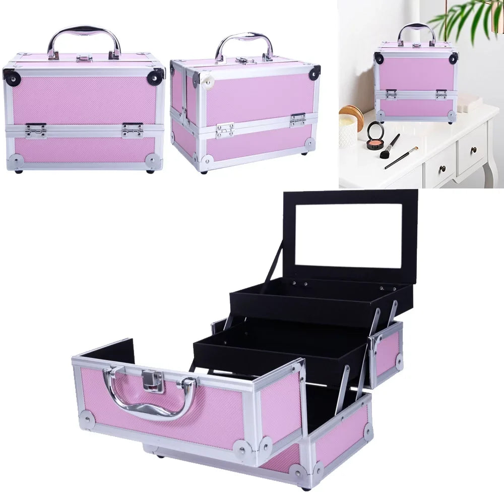 Silver Train Pink Portable Case with Bag Aluminum Mirror Makeup Case Storage Box Zimtown Lock Jewelry