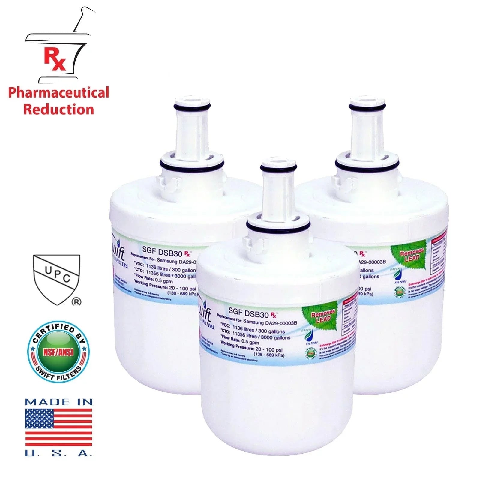 Rx Green Swift Filters(Pack SGF-DSB30 of for 3) DA2900003G Replacement Pharmaceutical Water Refrigerators Samsung Filters