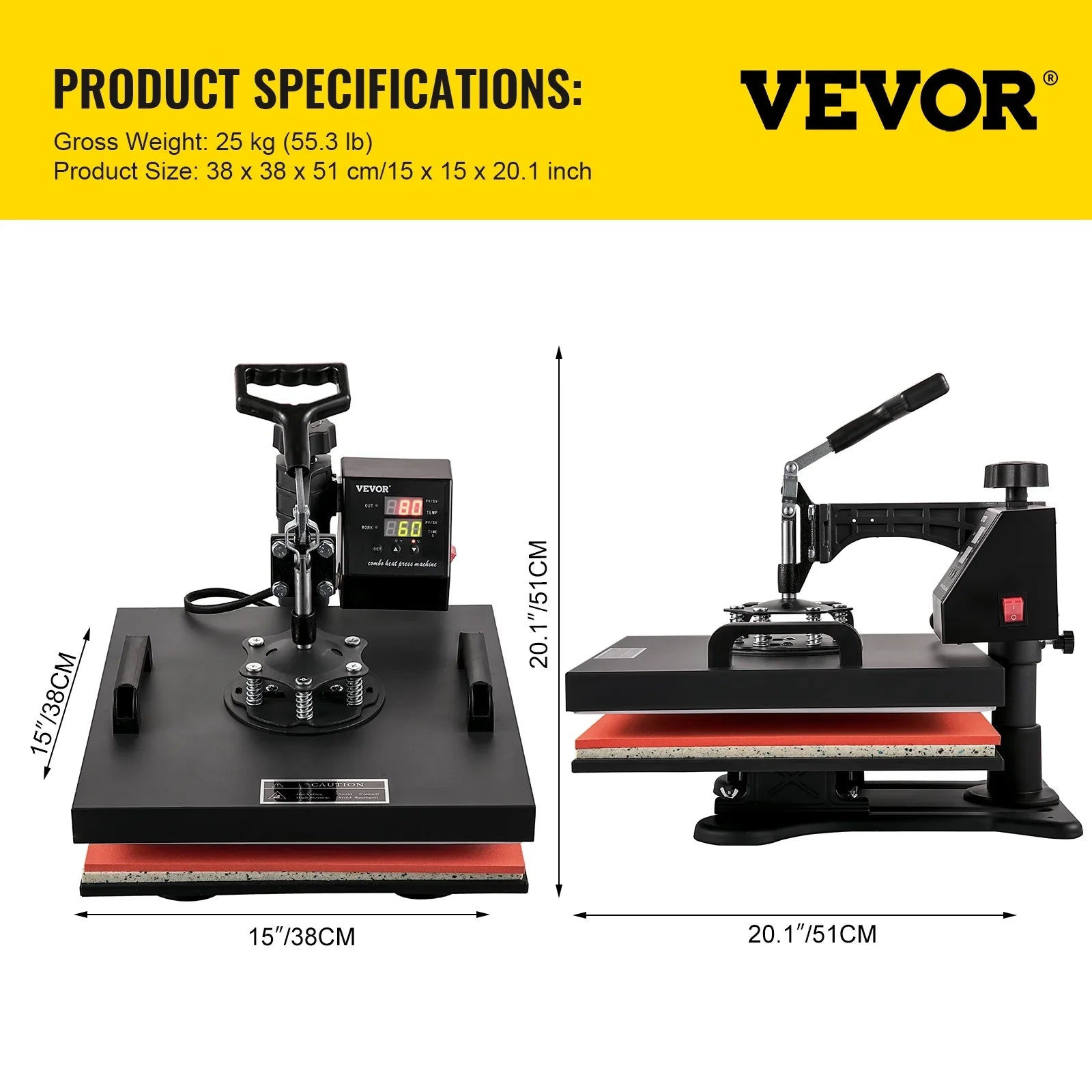 1 Press Dual Transfer Digital Heat Rotation Away 360 Machine Degree VEVOR LED Sublimation Multifunctional Combo Swing 8 15"x15" Display Heat Machine in