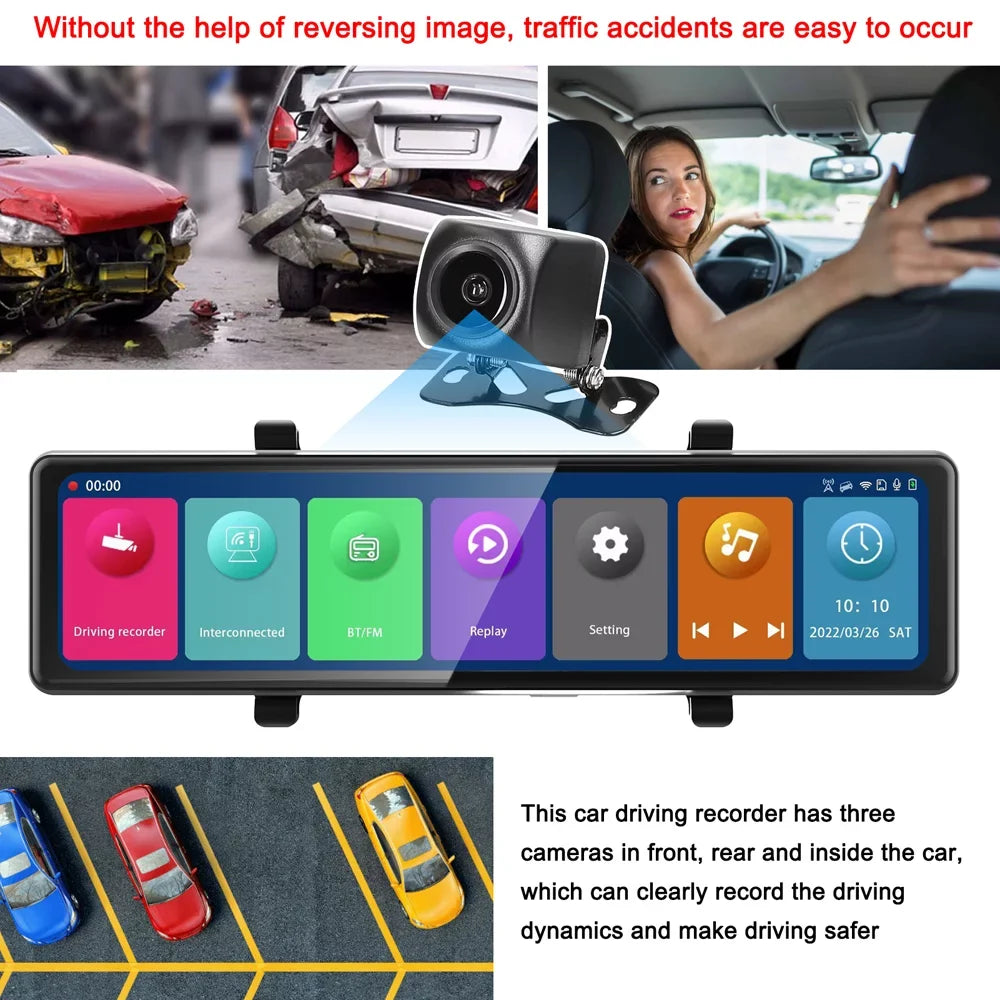Carplay 3 Dash Video Auto 2.5K Cameras Rearview Screen OWSOO Clear Touched Recorder Mirror Cam Car Recording Driving 12in Car Recorder Car