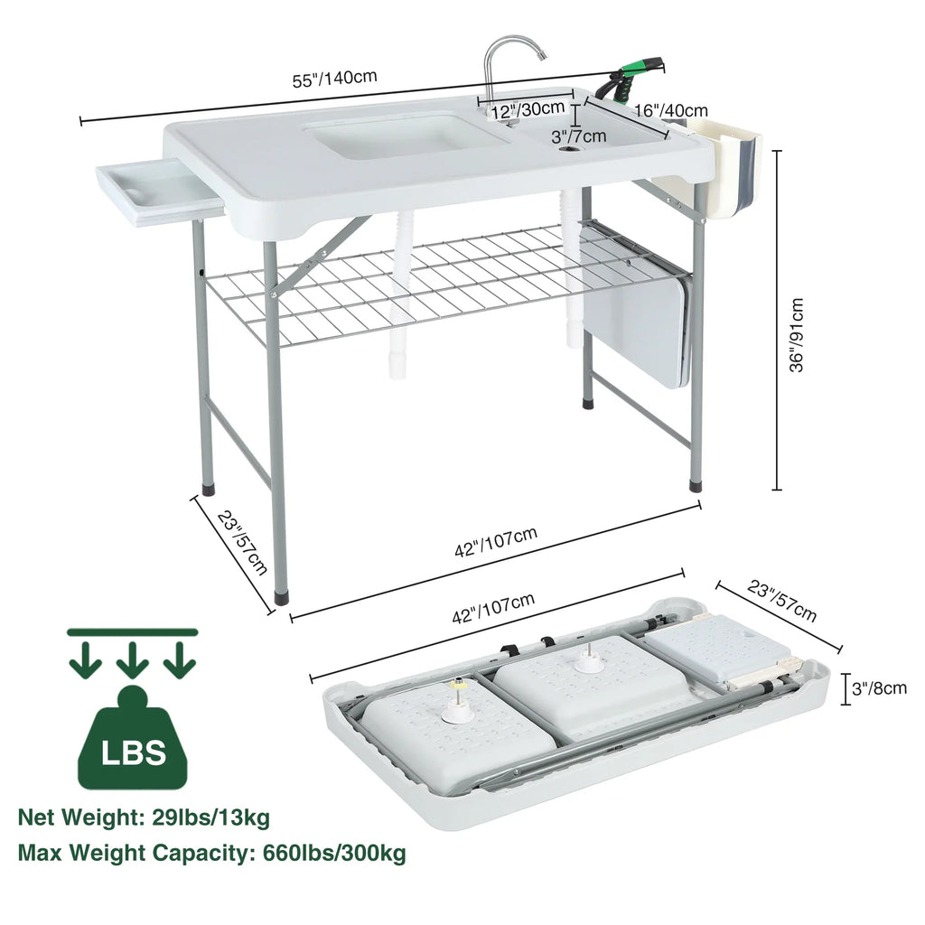 Sink Cleaning with Picnic Hoses/Rack/Basket, Flexible Sprayer, REDCAMP w/ Camping Portable for Table Fish Station 2 Patio Beach Folding Sinks Table Camping Faucet/Drainage Garden and Outdoor