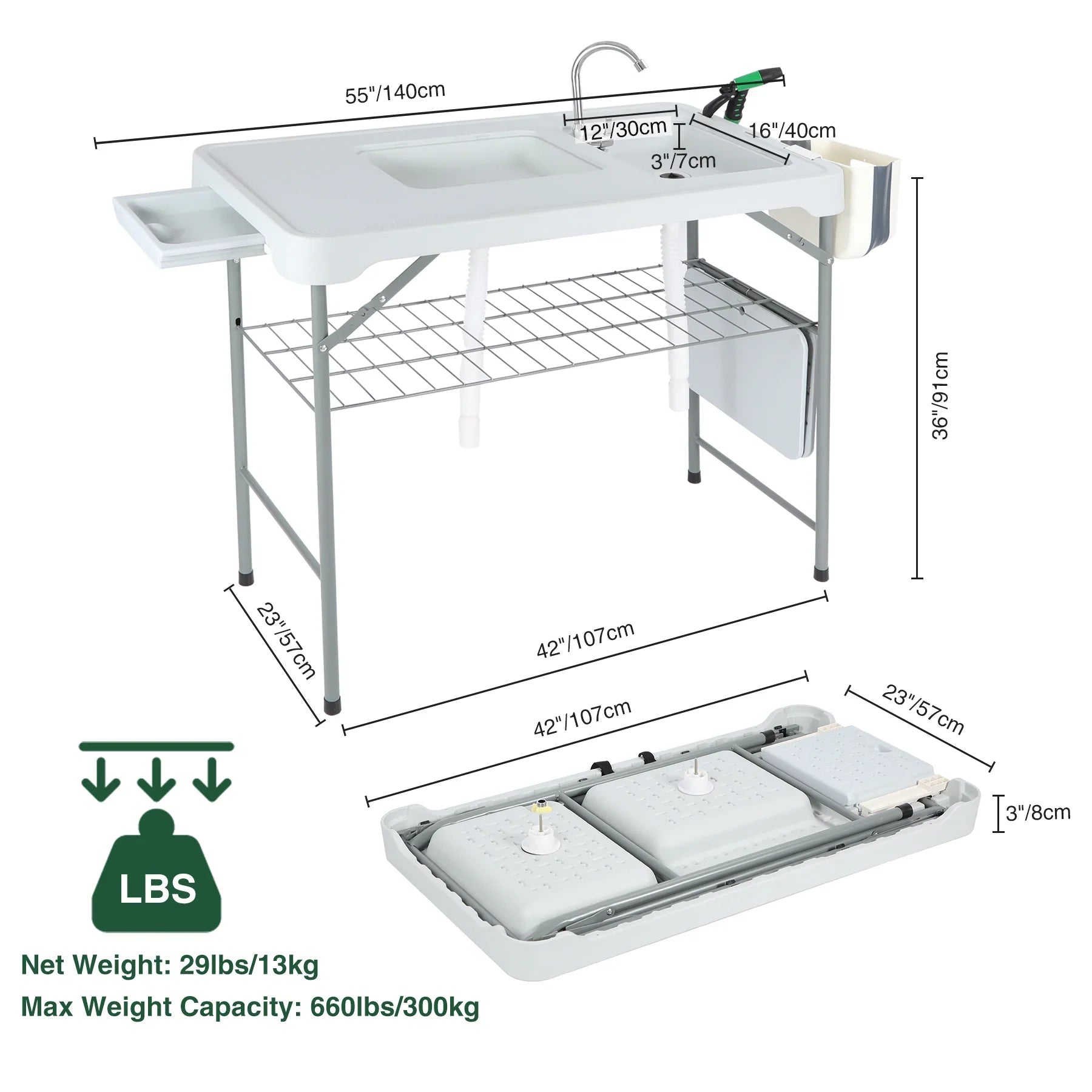 Sink Cleaning with Picnic Hoses/Rack/Basket, Flexible Sprayer, REDCAMP w/ Camping Portable for Table Fish Station 2 Patio Beach Folding Sinks Table Camping Faucet/Drainage Garden and Outdoor