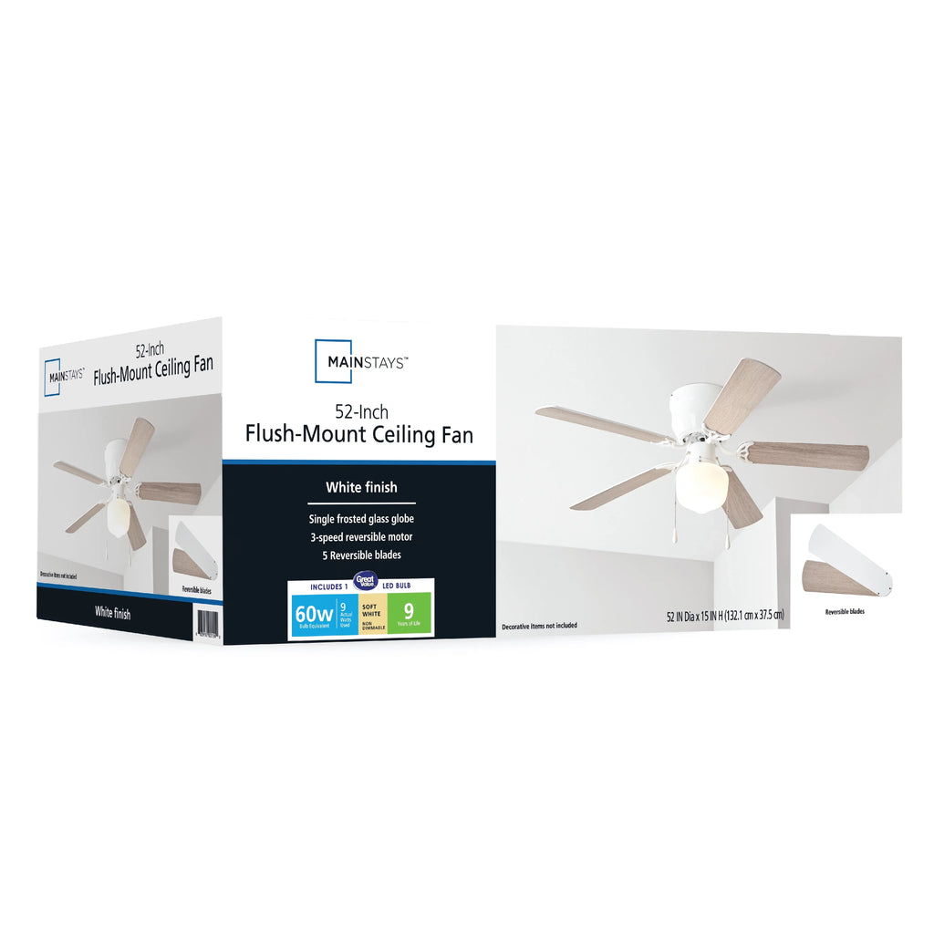 with Fan 52 Reverse Kit, Blades, Mainstays Hugger inch Airflow 5 Indoor Light Ceiling White,